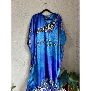 Blue Abstract Kaftan Maxi Dress One Size Boho Resort Cover Up